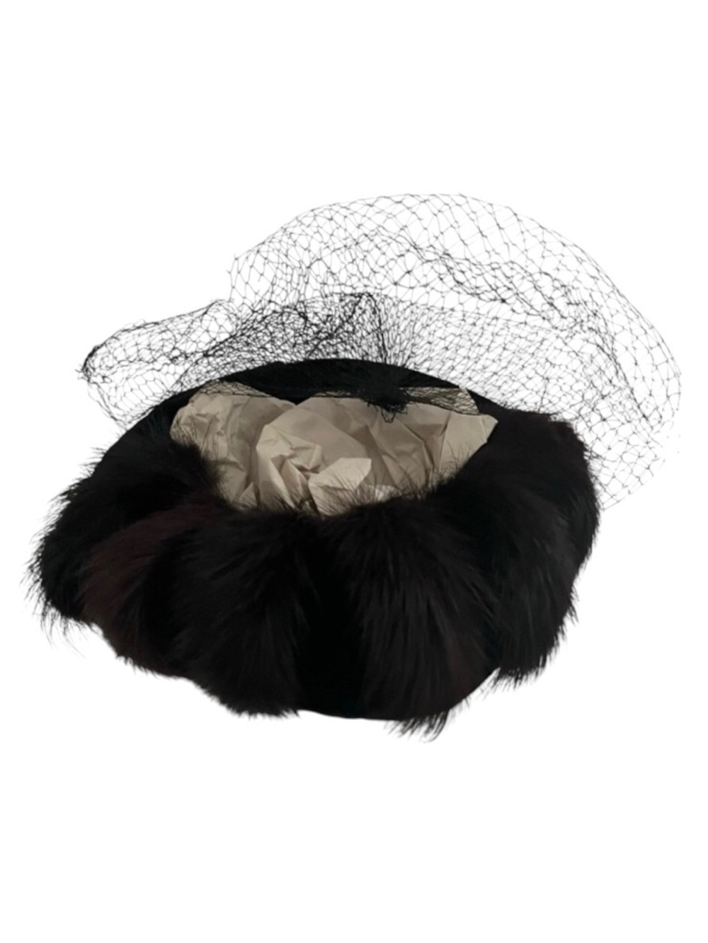 Vintage Black Mink Satin Circle Pillbox Hat With Veil Large Brown Bow